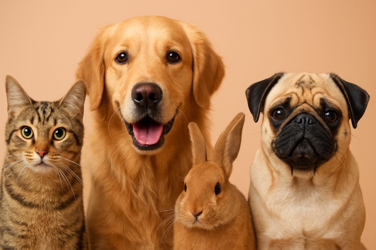 Four animals (cat, dog, rabbit, and pug) standing together against a beige background